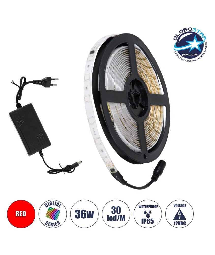 GloboStar® S-120001 Σετ Ταινία LED Digital Magic Strip IC3 5m 36W-5m 12V 30LED-m 5050 SMD 600lm-m 120° Αδιάβροχη IP65 με Ενσωματωμένα Προγράμματα Λειτουργίας και Τροφοδοτικό Κόκκινο